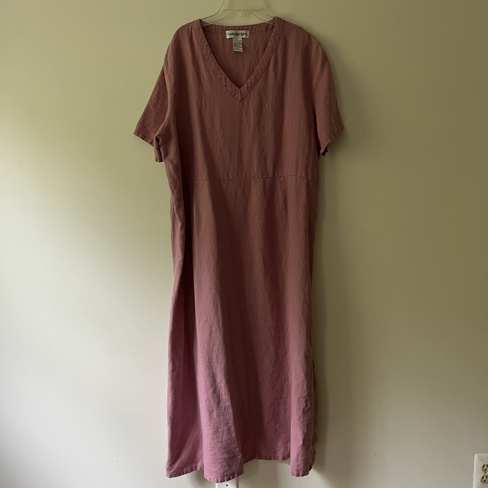 Vintage Linen Maxi Dress 18W Pink Cottagecore Modest V-Neck Cambridge Spirit