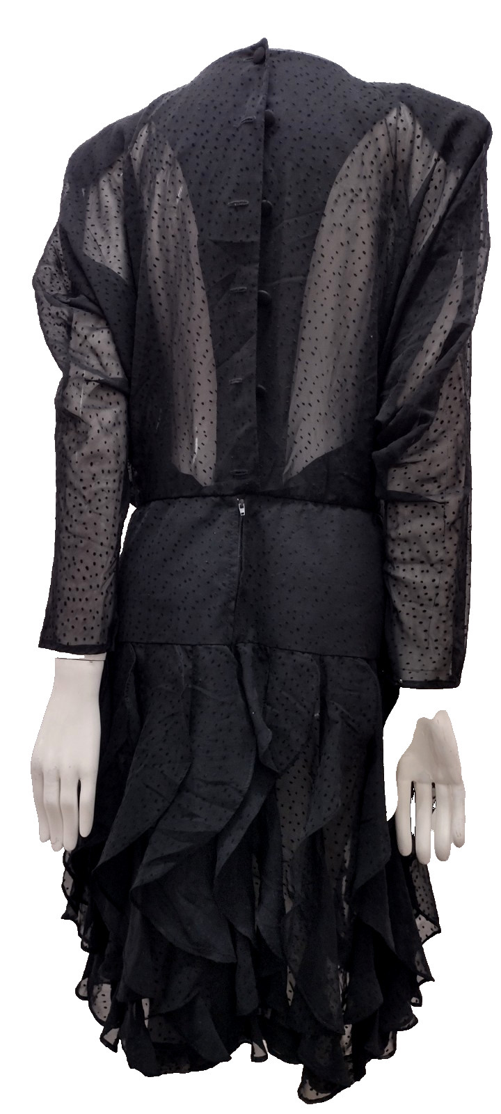 1980s Batwing Sheer Chiffon Dress Black Flapper Scallop 80s Dolman Sleeves M/L