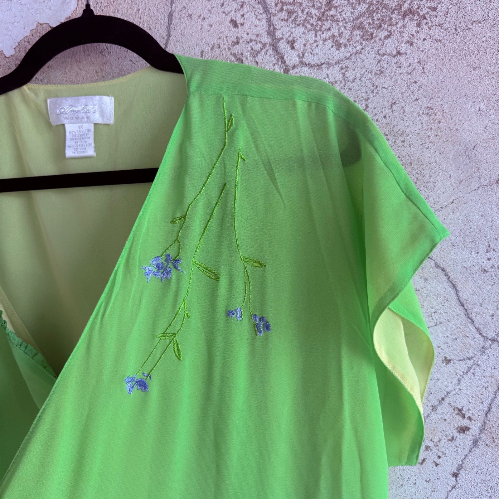 Vtg Duster Robe Slip Dress Peignor Set Embroidered Floral Chiffon Nightgown XL