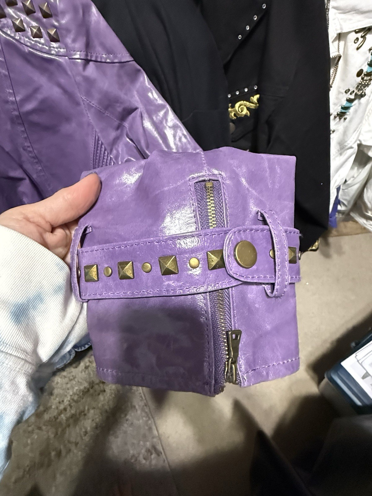 Unique Purple leather moto zipper studded jacket Pamela McCoy