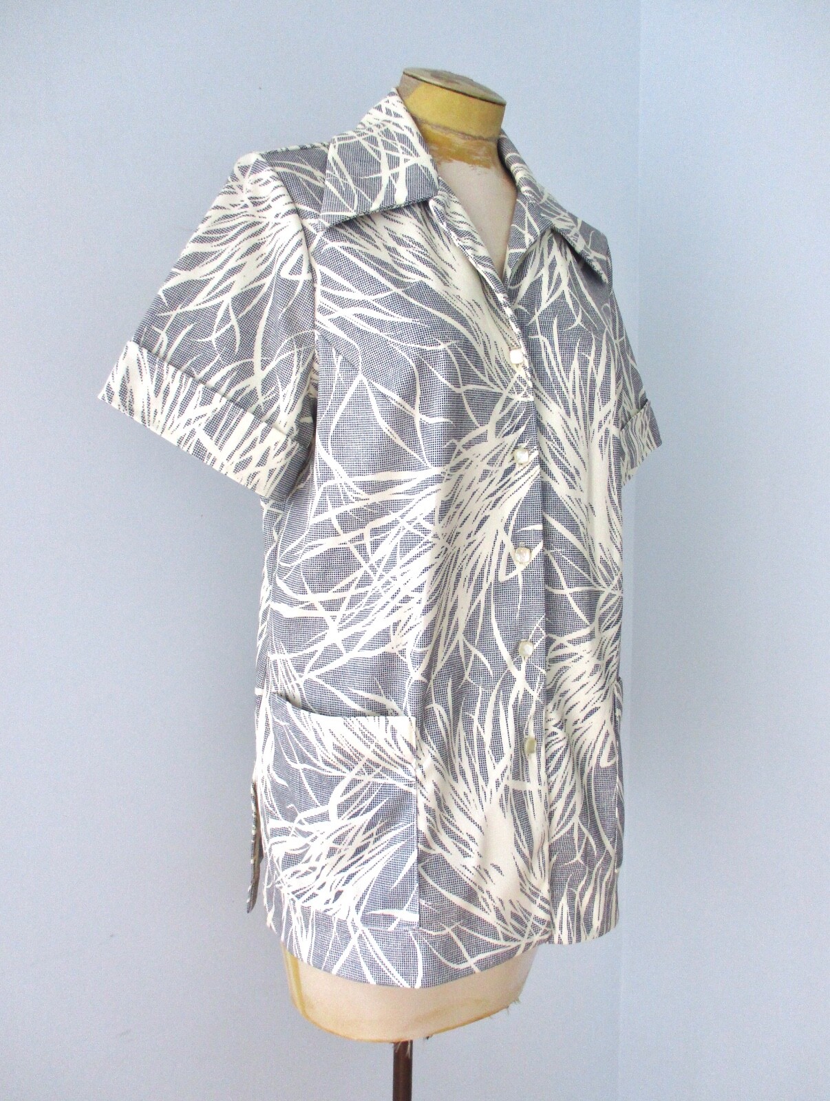 Vtg 70s Blue Botanical Reverse Print Smock Top Blouse Pockets Dagger Collar 40