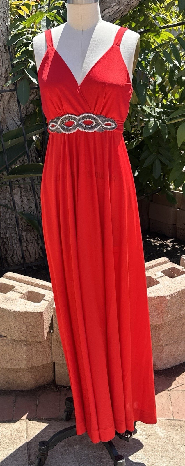 Vntg Lilli Diamond Red Evening Gown Long Cocktail Dress Beaded Waist V‑Neck 12
