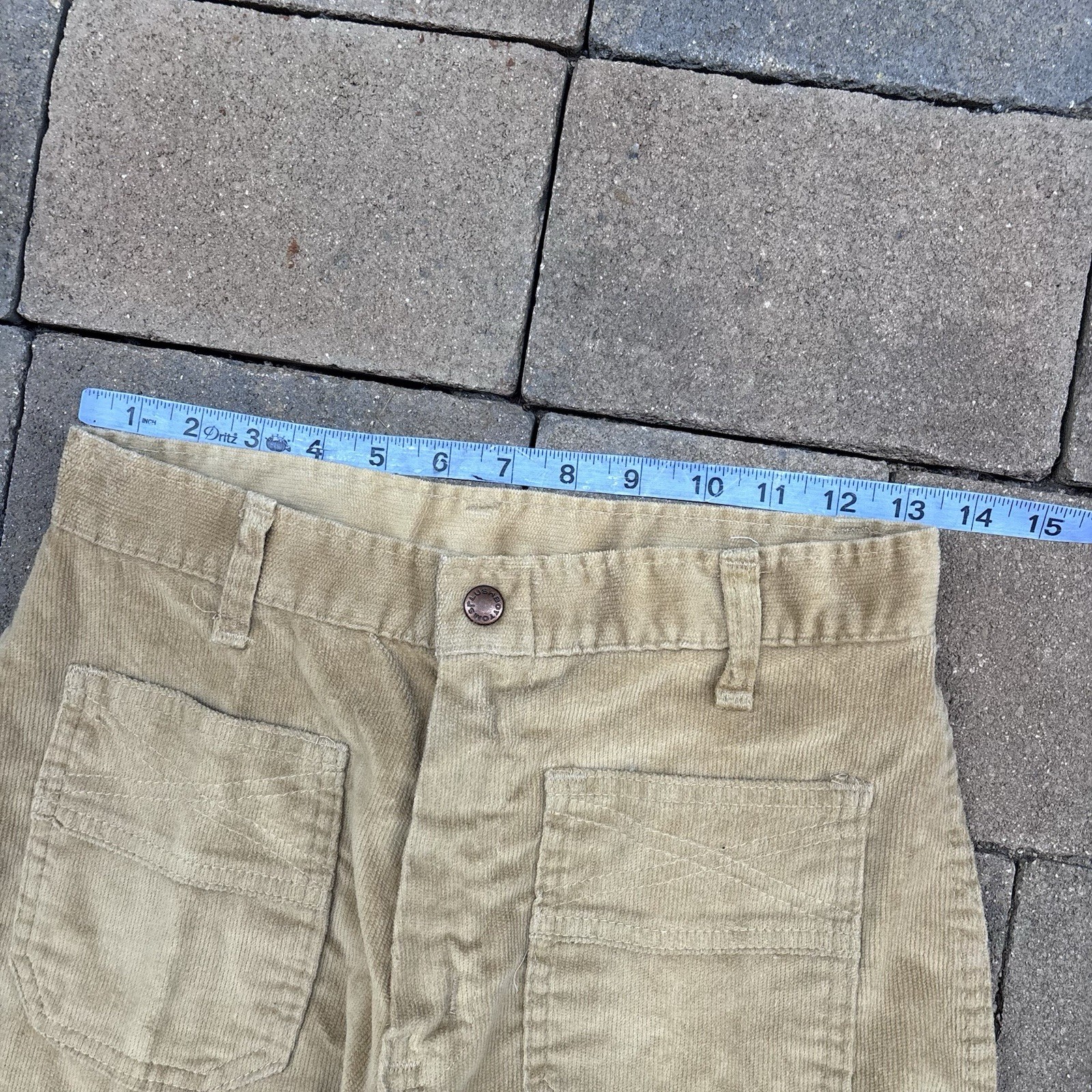 VTG Plush Bottoms Bell Bottom Snap Fly Pants Boho Hippy 27×31 Khaki Twill 70s