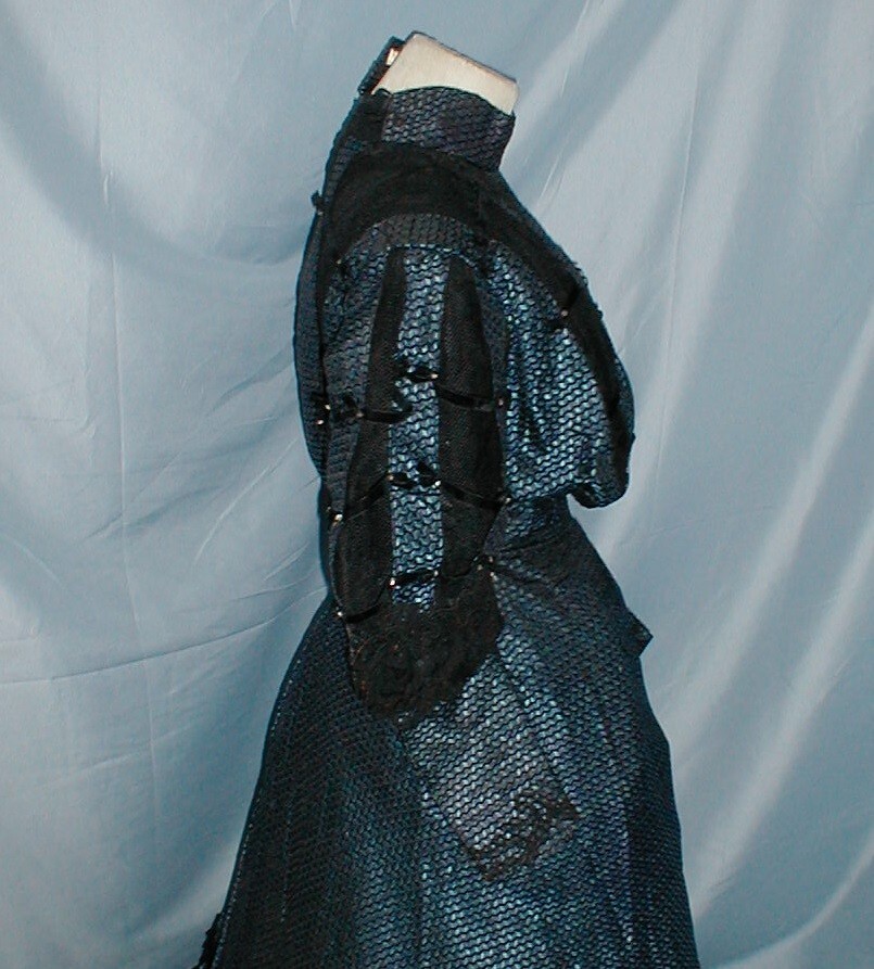Ornate Antique Dress Victorian 1890&rsquo;s Blue and Black Print Silk Lavish Trims