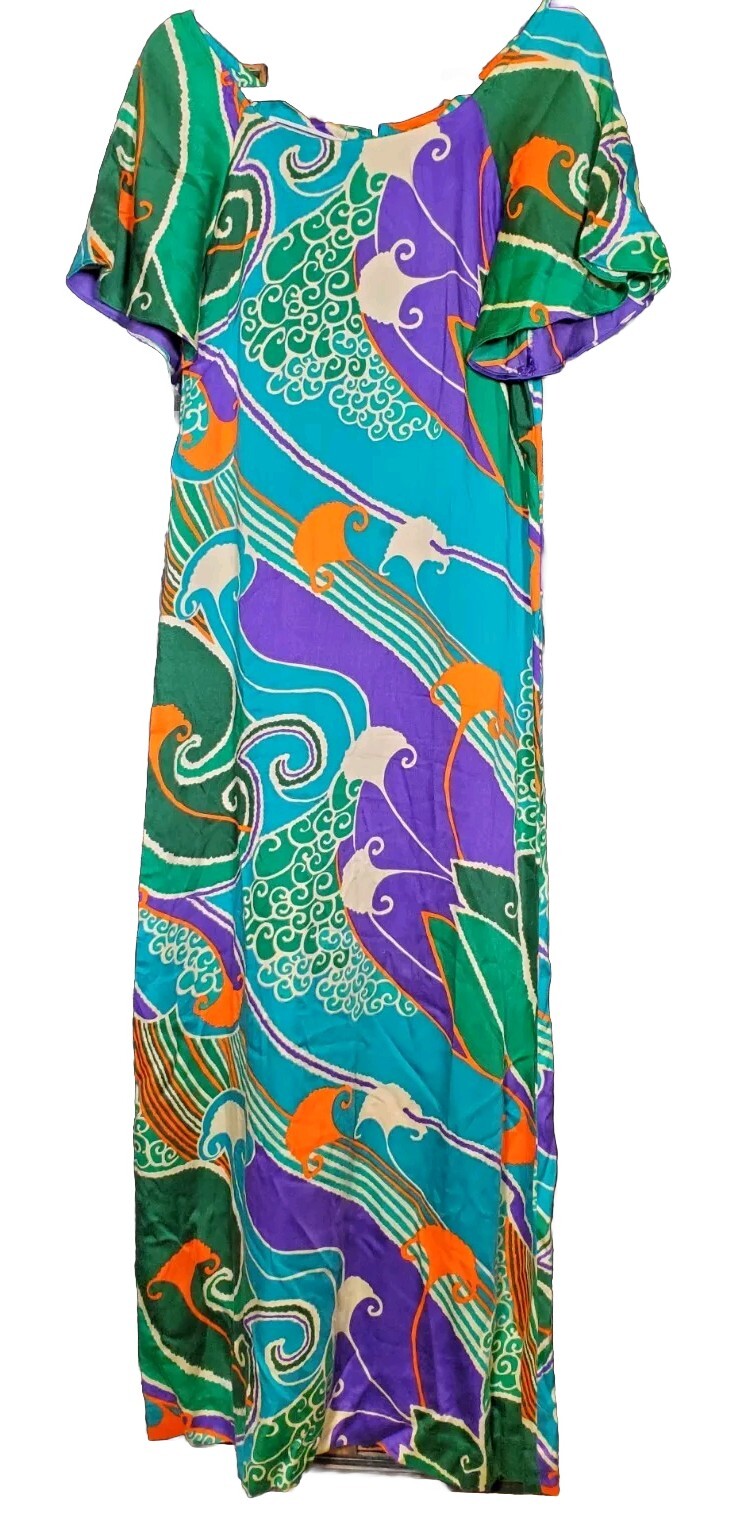 Vintage Fumi&rsquo;s Originals Flutter Sleeve Hawaiian Wavy Print Maxi Dress Colorful