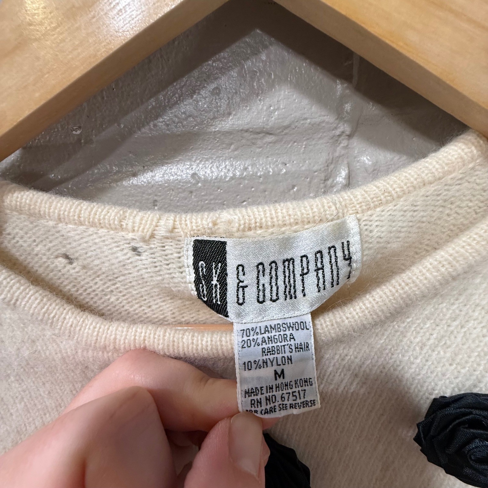 Vintage Angora Lambswool Satin Rosette Sweater Cream Distressed Medium Holes