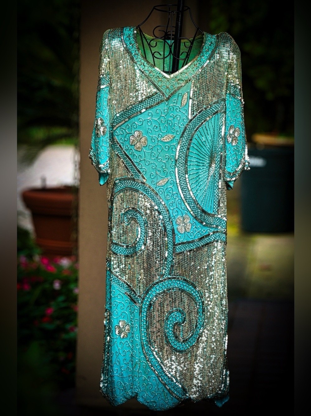 Vintage 1920s-Style Turquoise Silver Beaded Sequin Silk Gown