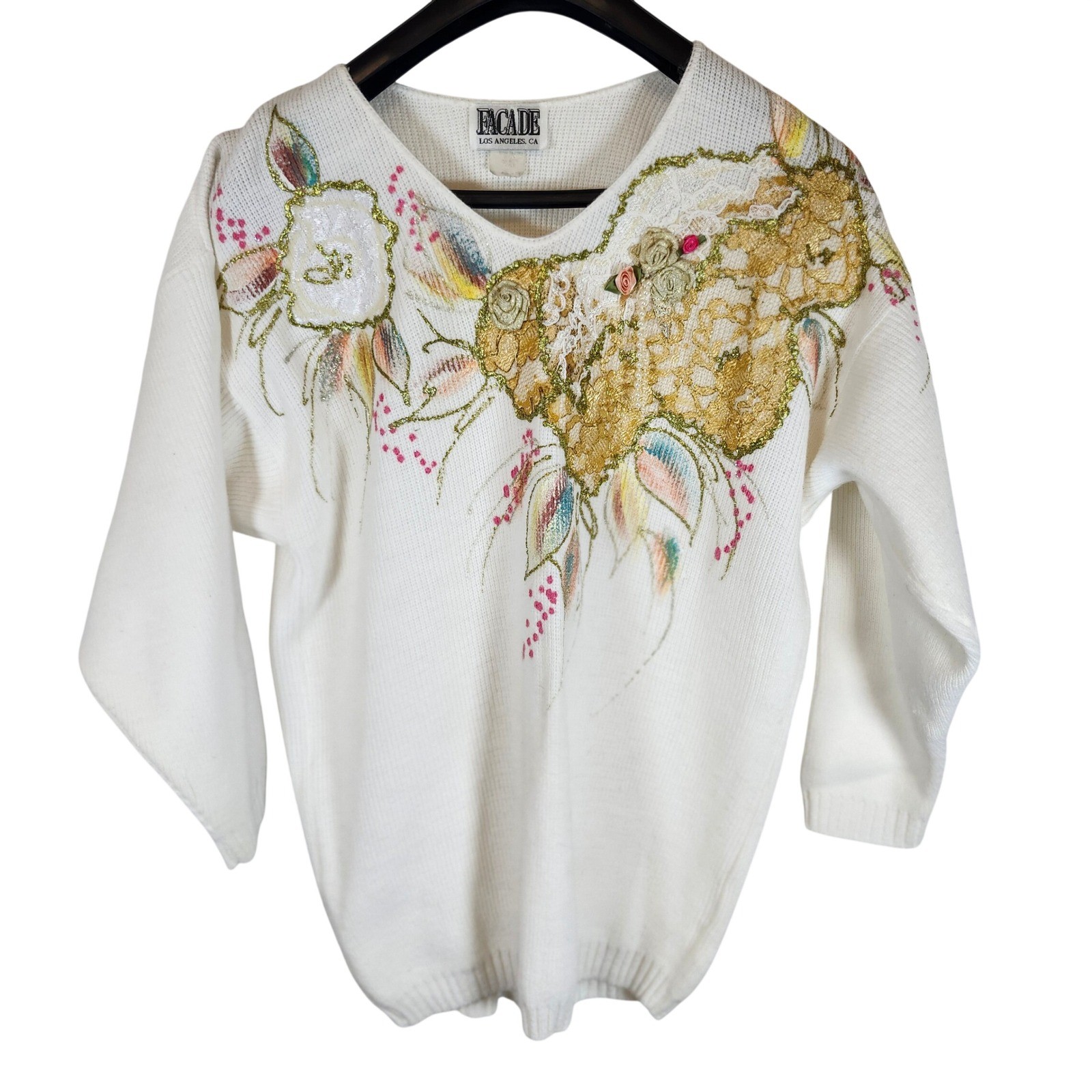 Vintage Facade Los Angeles White Floral Embellished Sweater 3D Roses Gold Lace