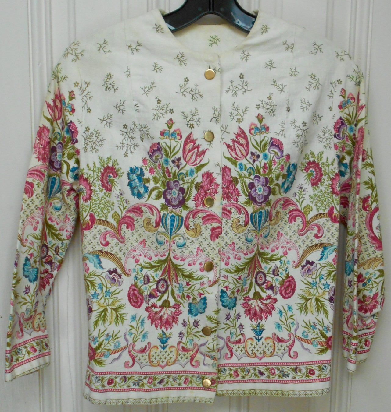 FLORAL LINEN BUTTON DOWN CREAM BLOUSE /JACKET~C: 1960&rsquo;S -A CLASSIC byALADDIN