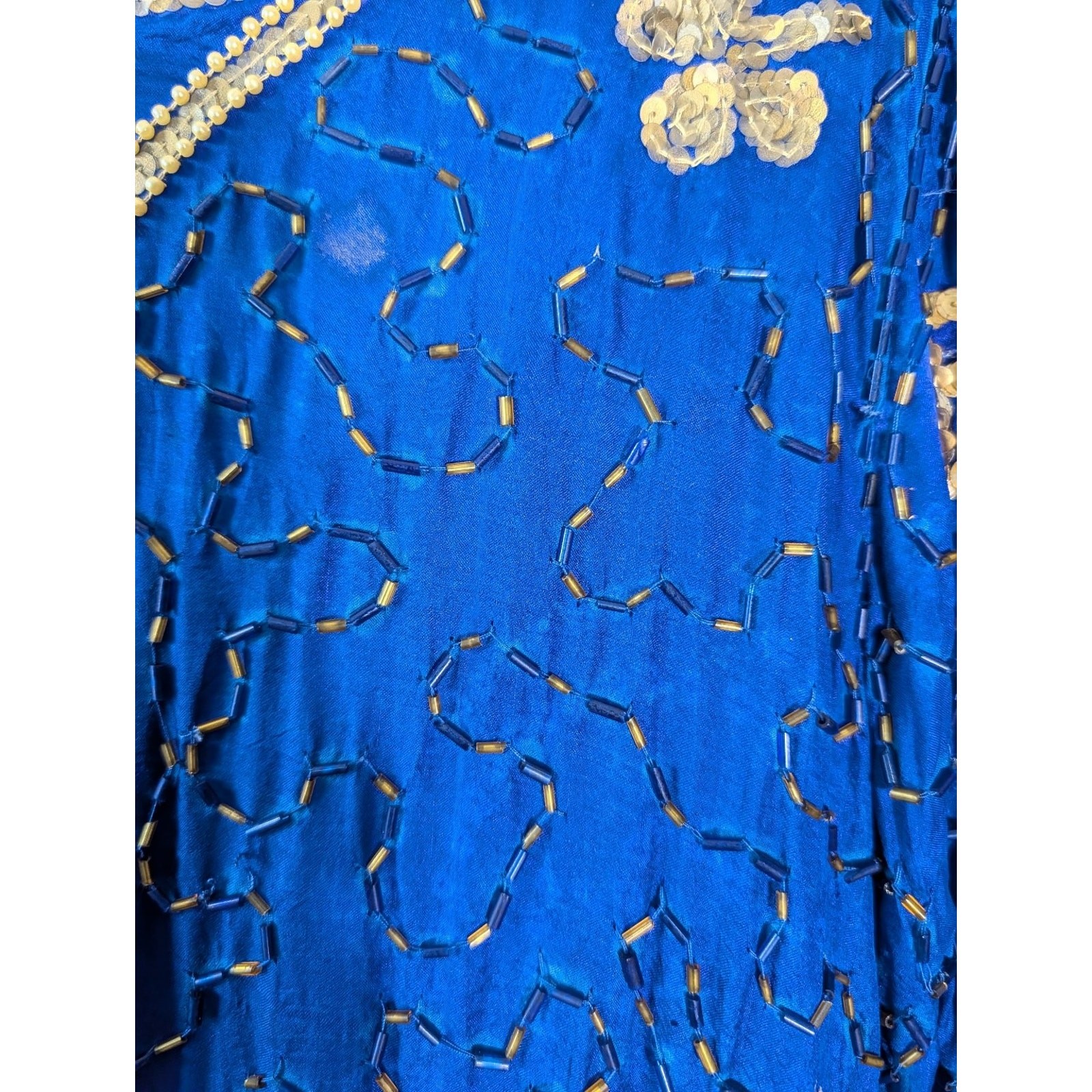 VTG Silk 3Pc Set Beaded Sequin Top Skirt Royal Blue Gold Art Deco Mermaidcore