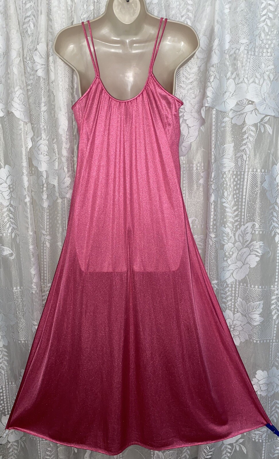 VTG M+ Raspberry Pink Princess Silky Soft Nylon Nightgown w Inset Crochet Lace