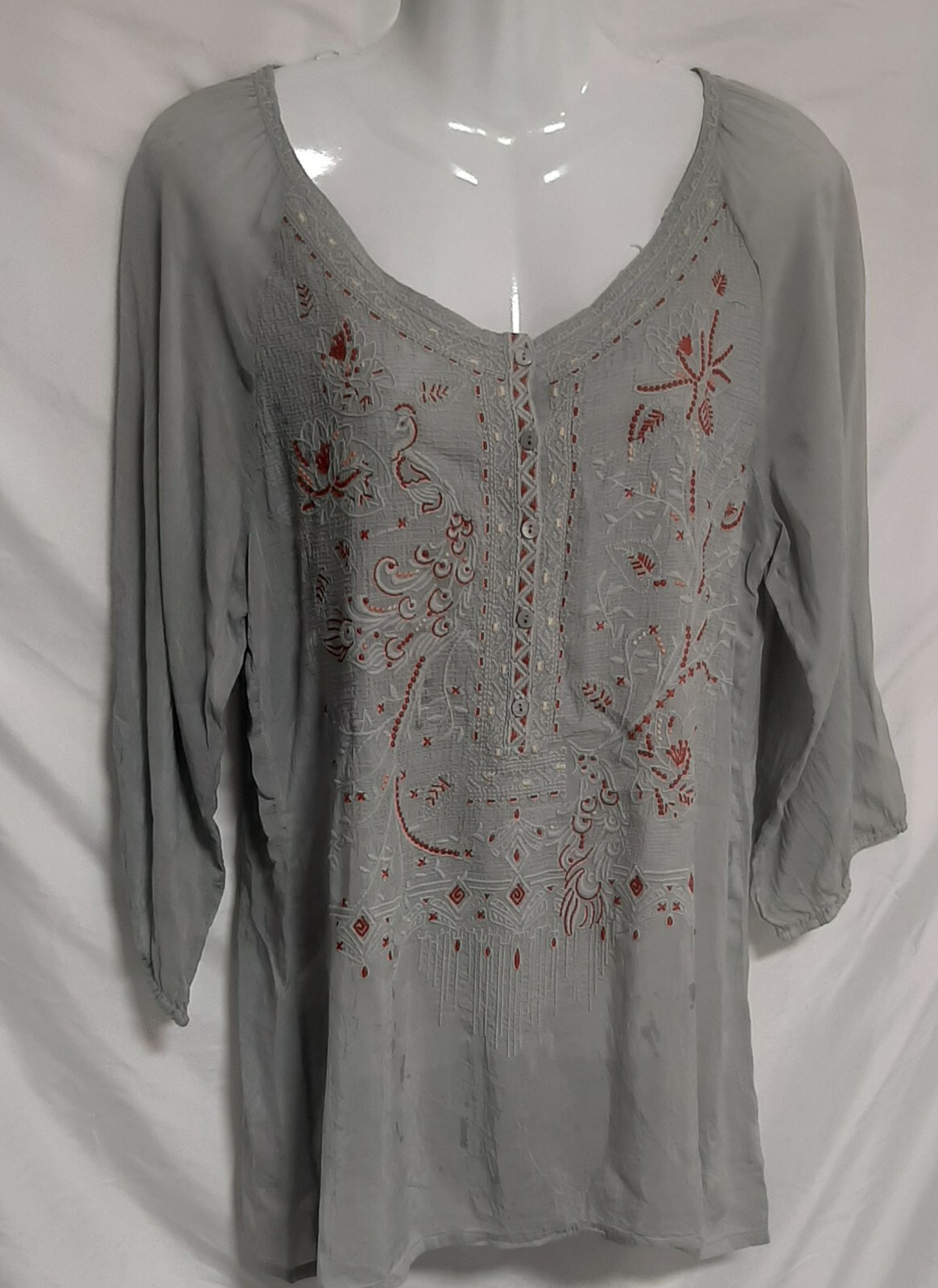 Johnny Was Gray Blouse Embroidered Floral Tunic 3/4 Sleeves Sheer Top Size Small