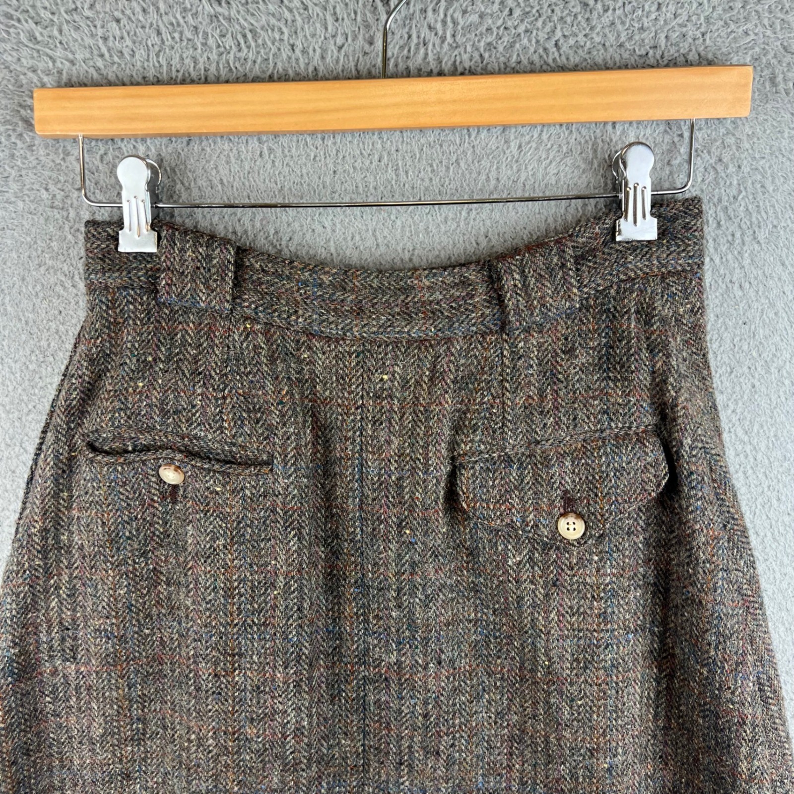 Vintage Brown Herringbone Tweed Wool Maxi Skirt Pleated High Waist Pockets 10