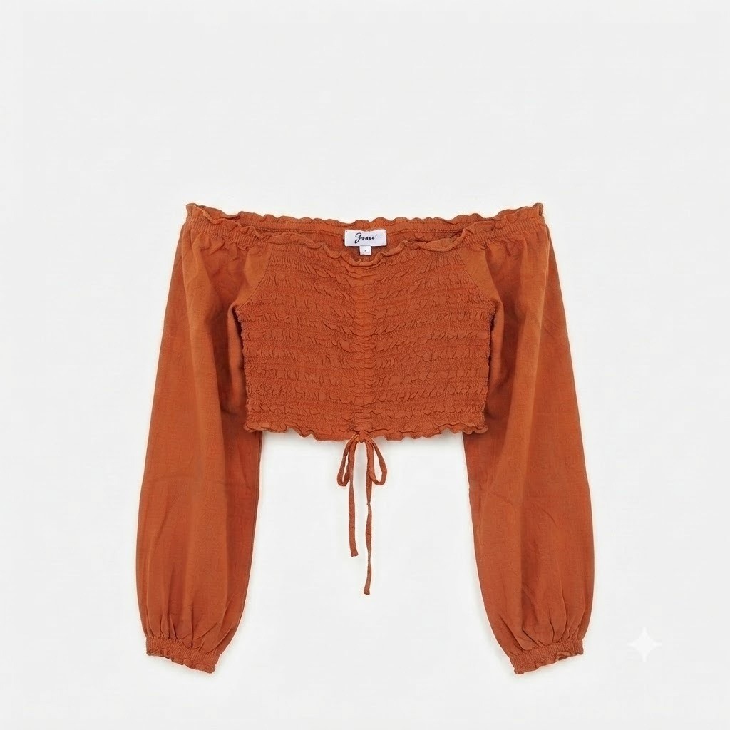 Rust Smocked Off Shoulder Crop Top Boho Cottagecore Anthro Style Sz S