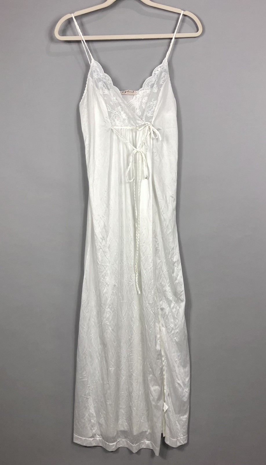 VTG 70s Gilead Maxi Nightgown S White Lace Trim Slit Accent Sleeveless Sexy USA