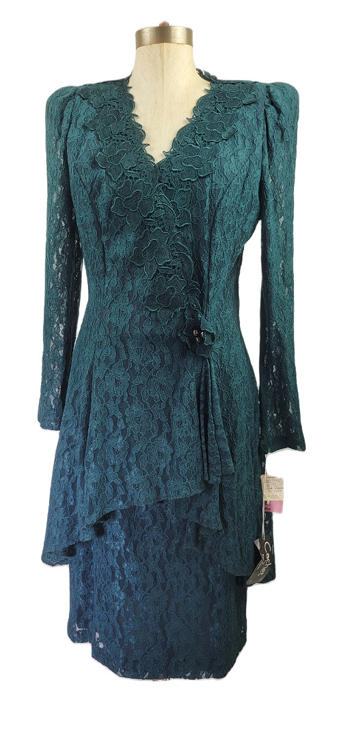 NWT Vintage Cachet by Bari Protas Green lace women&rsquo;s Skirt Top Jacket Set 11/12