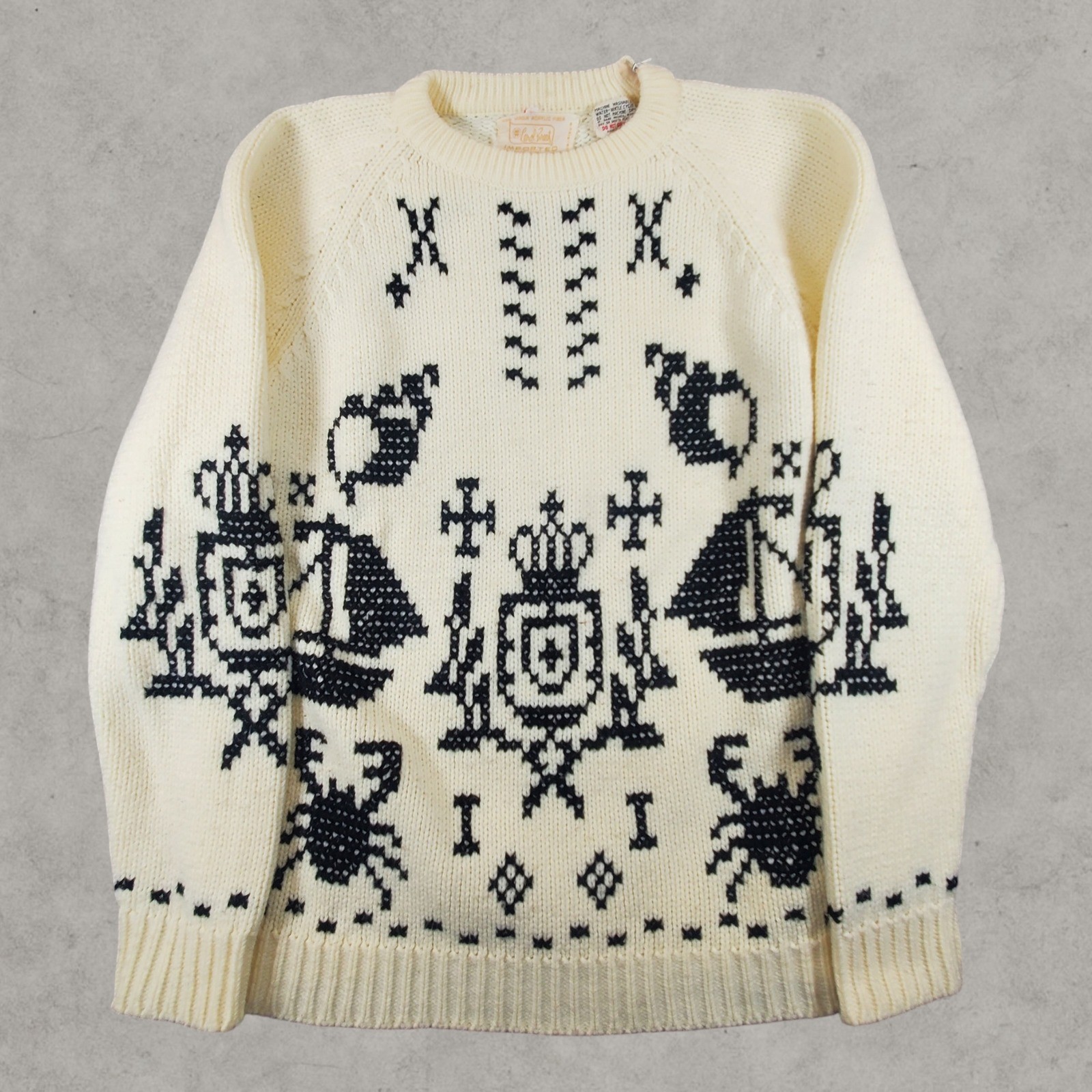 Vintage Carol Brent Sweater Women Large Cream Nautical Crest Knit Black Ship 70s