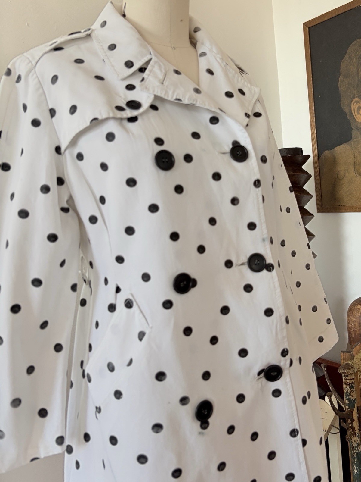 1960s Polka Dot Print Faille Trench Coat Double Breasted Jacket Jackie O 50s