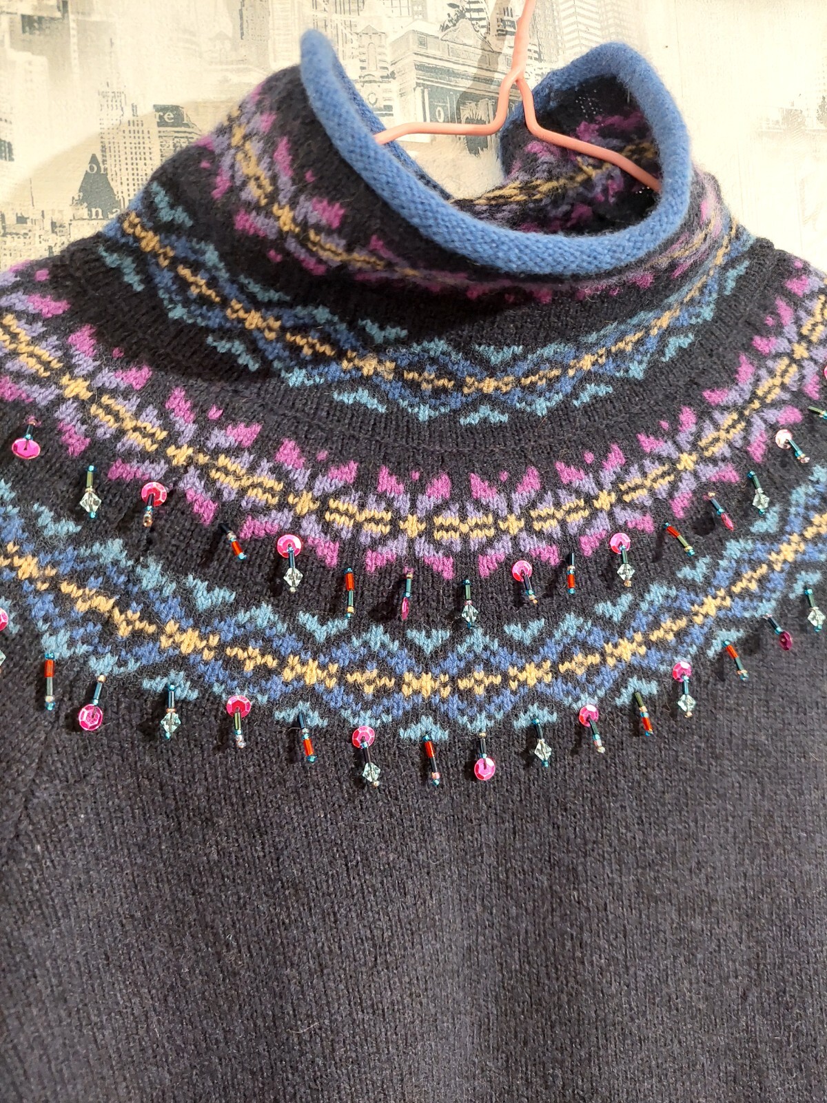 VTG Laura Ashley Sweater 100% Lambswool Multicolor Fair Icle Beaded Knit Sz S /P