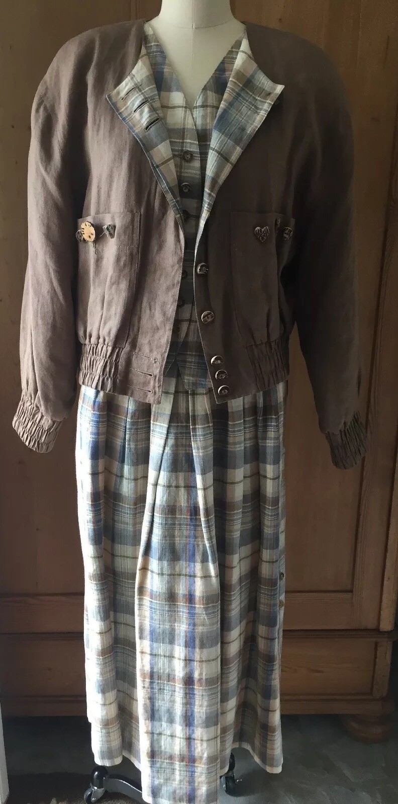 Vintage BASSET Solid & Plaid Detailed 3pc Cotton/Linen Skirt-Jacket-Vest SZ 44/L