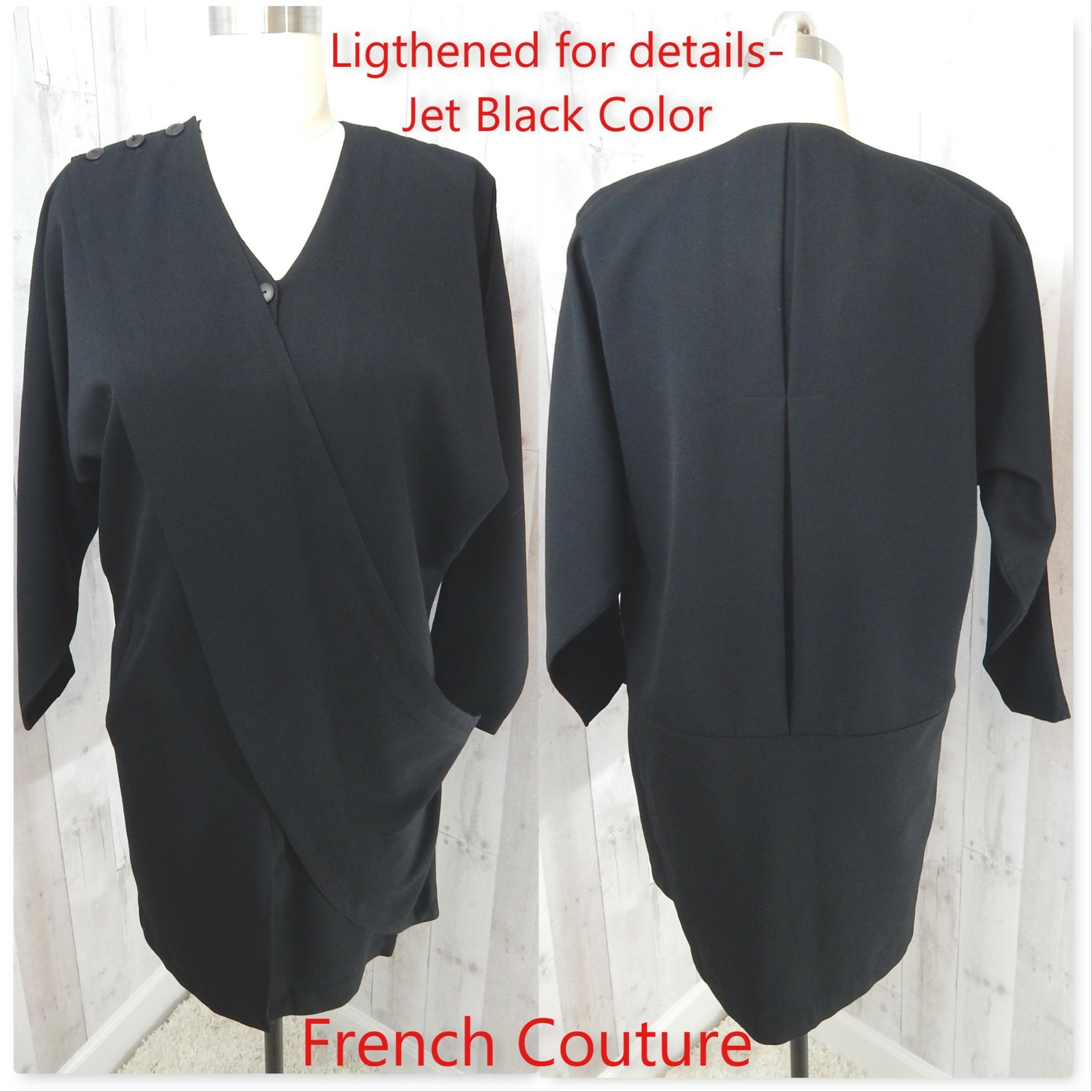 1980s Vintage French Couture DRESS~Black Wool Designer Shift Modele Depose 46B