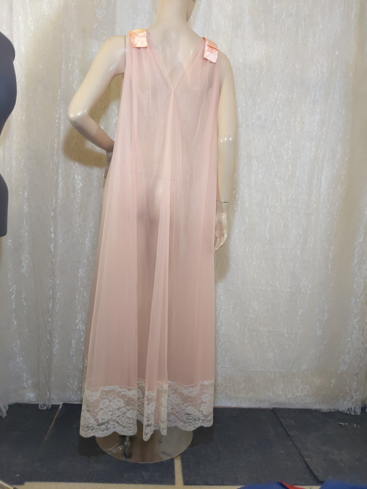 Vintage Double Layer Shear Chiffon Satin Bow Luxurious Lace Peignoir Robe M L XL
