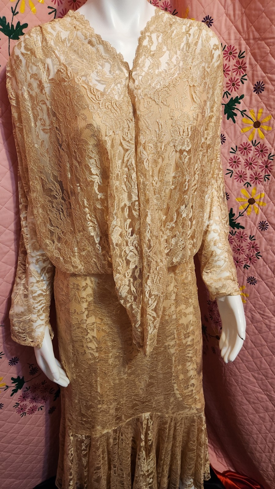 Beige Lace Satin Tea Dress Formal Eveningwear Regular Size Matching Slip Set