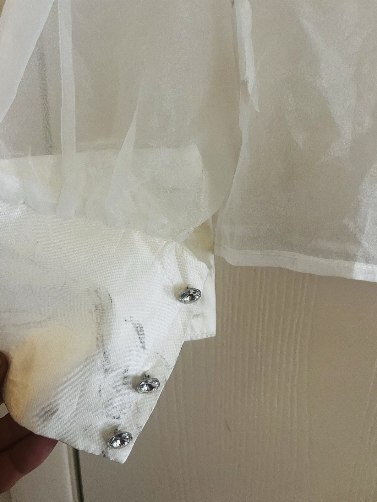 VTG Organza Avant Garde Crystal Button Cocktail Party Balloon Sleeve 80s Blouse
