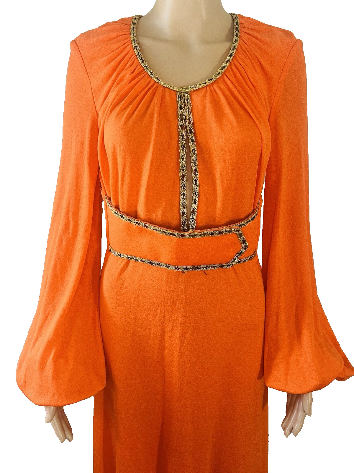 VTG 70s Funky Mod Orange Belted Maxi Dress Sexy Plunging Keyhole Front/Back Med