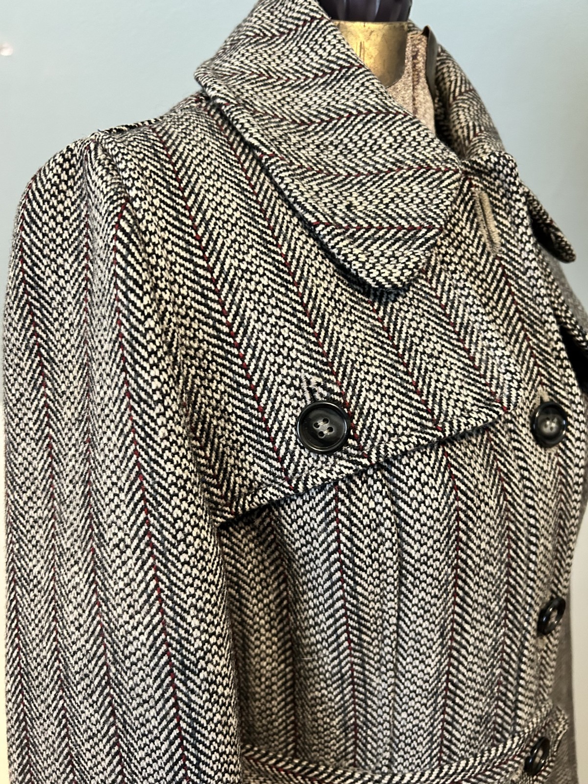 Vintage 1940 Hand-Tailored Herringbone Wool Princess Coat Long Fitted Gorgeous S