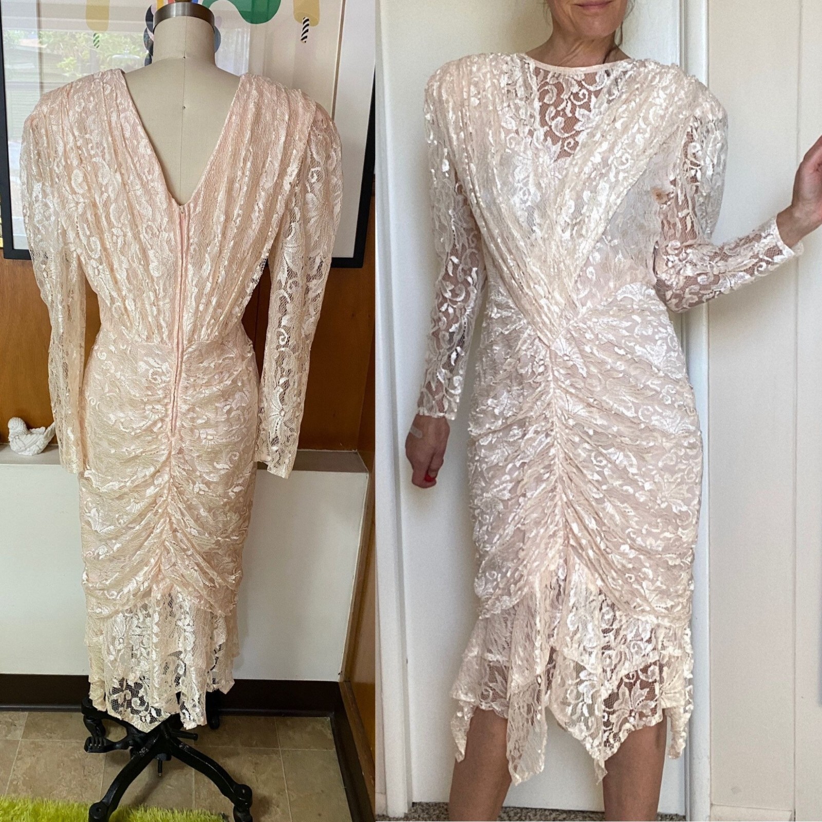 VTG 80&rsquo;s A La Carte Lace pink Dress lace Sz 6 8 L M white 90&rsquo;s