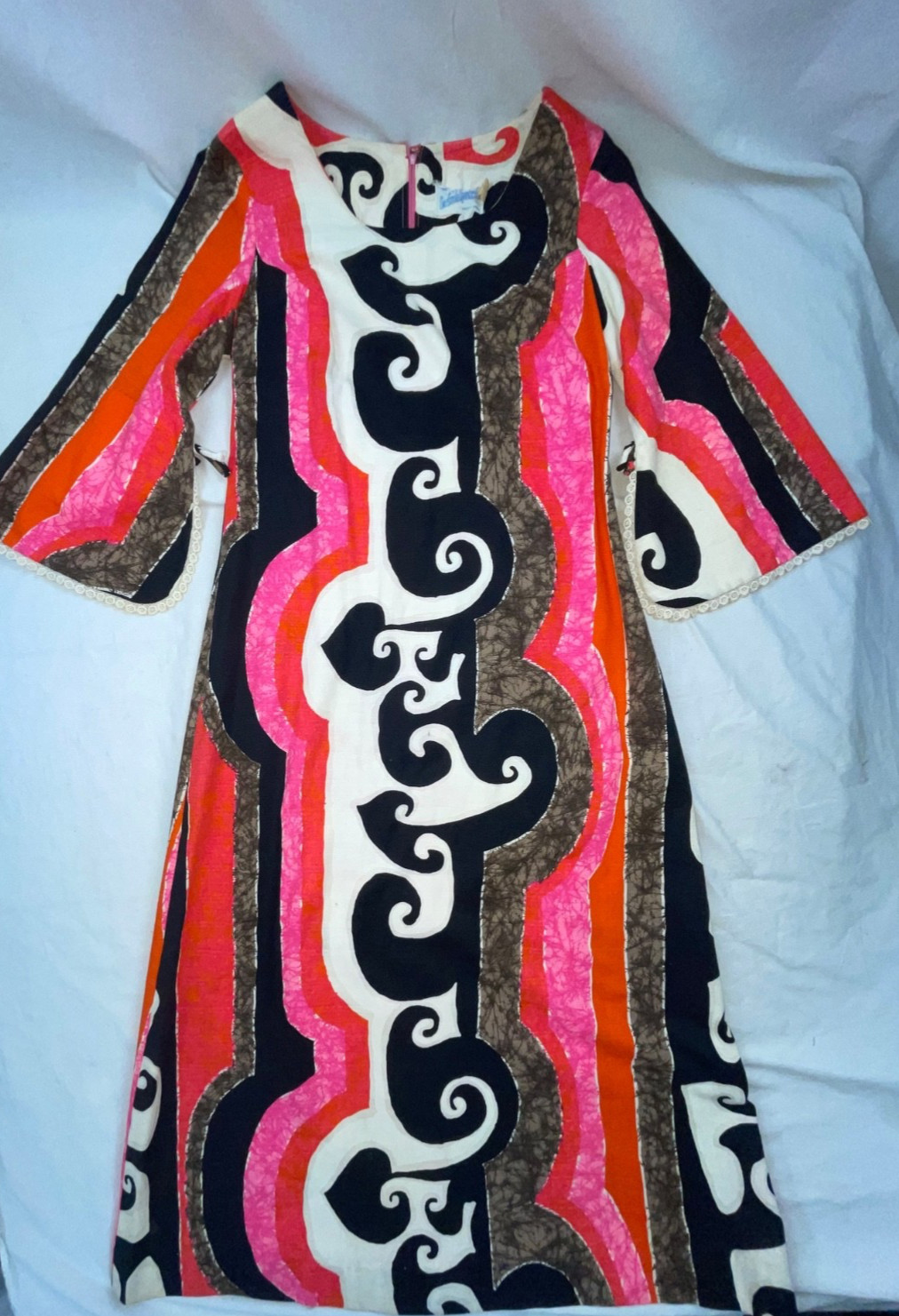 VTG 70S WOMEN CRAZY ABSTRACT PRINT BARKCLOTH HAWAIIAN CAFTAN DISCO HIPPY DRESS