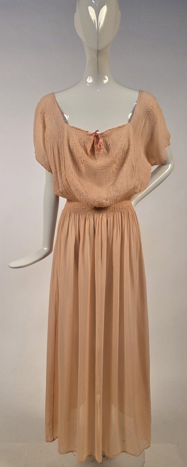 GLAMOUR 1930’S PEACH FLORAL SILK CHIFFON SLIP DRESS W HEAVILY RUCHED TOP
