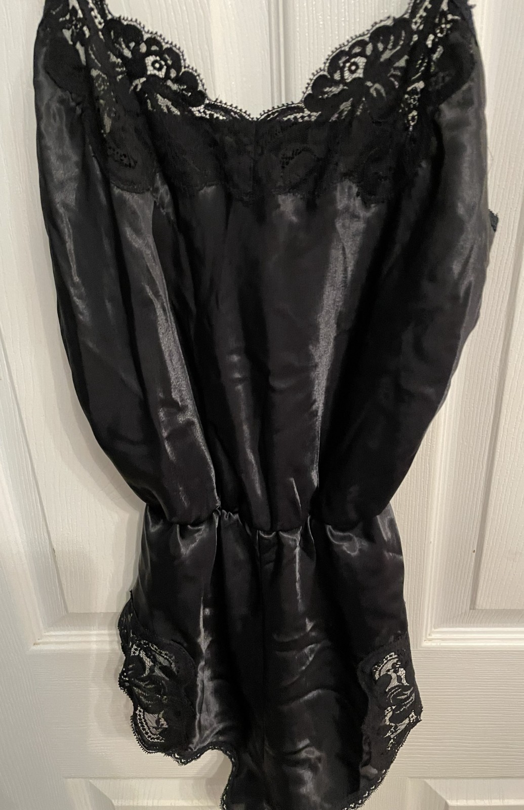 Vtg Farr West Satin Shiny Liquid ROMPER TEDDY 591 Lacy Size SMALL Black Sissy