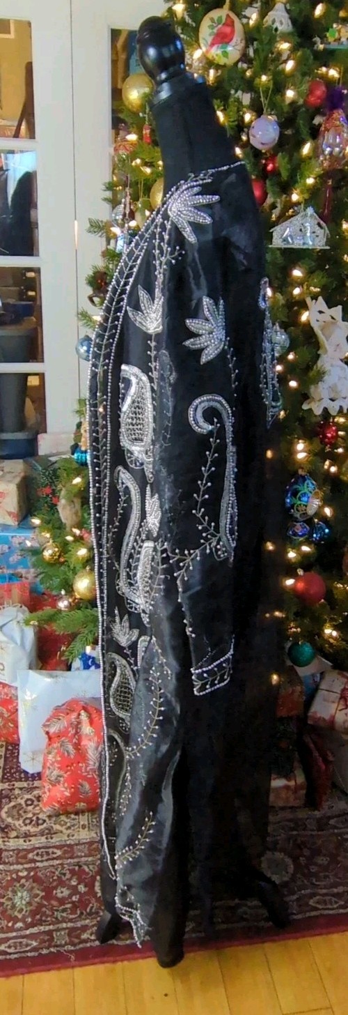Vintage 80s Tan Chho Black Beaded Sequin Duster Dress 4 Piece Set, Women&rsquo;s 2X