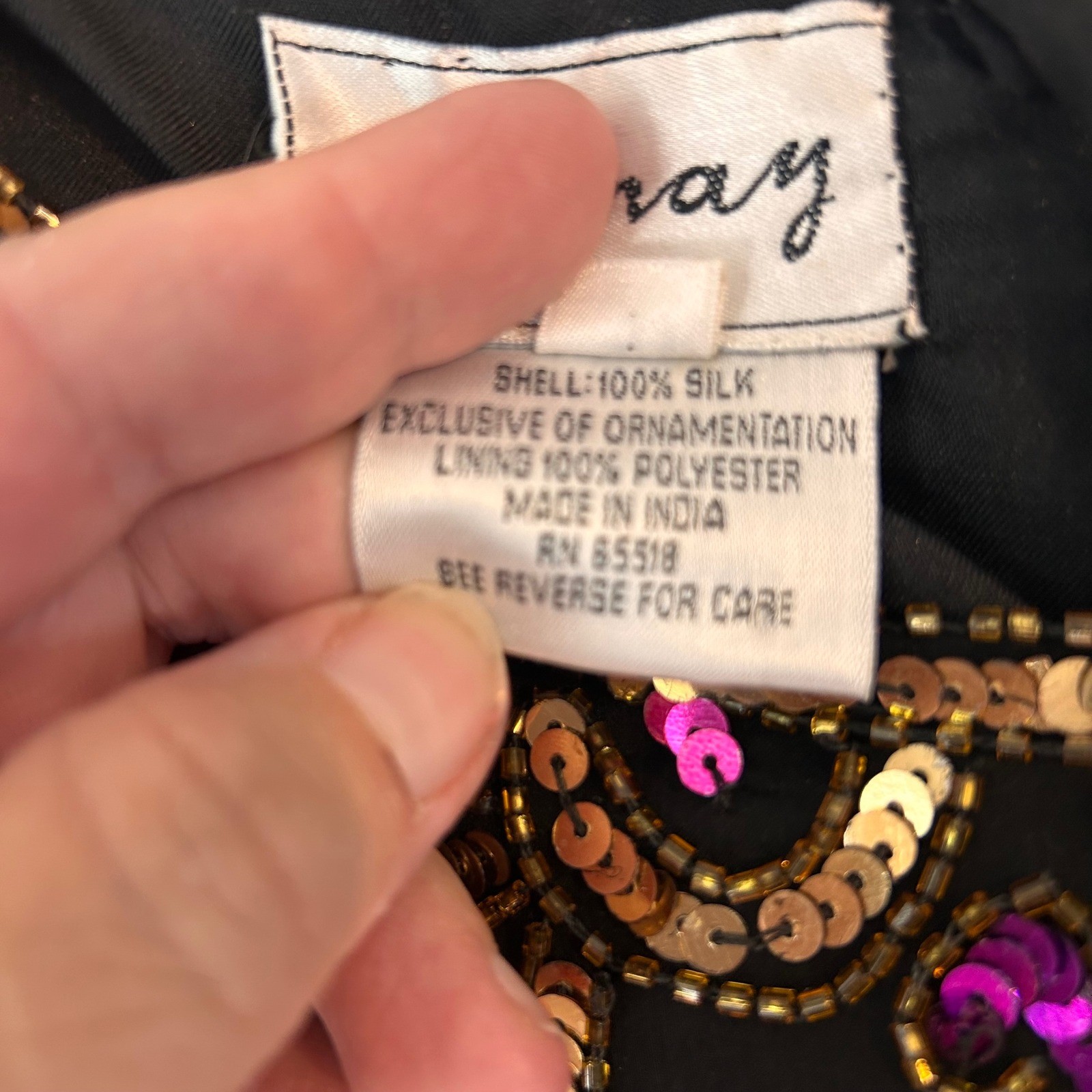 Stenay Vintage Silk Beaded Sequin Top Black Gold Pink Blue Floral Evening M