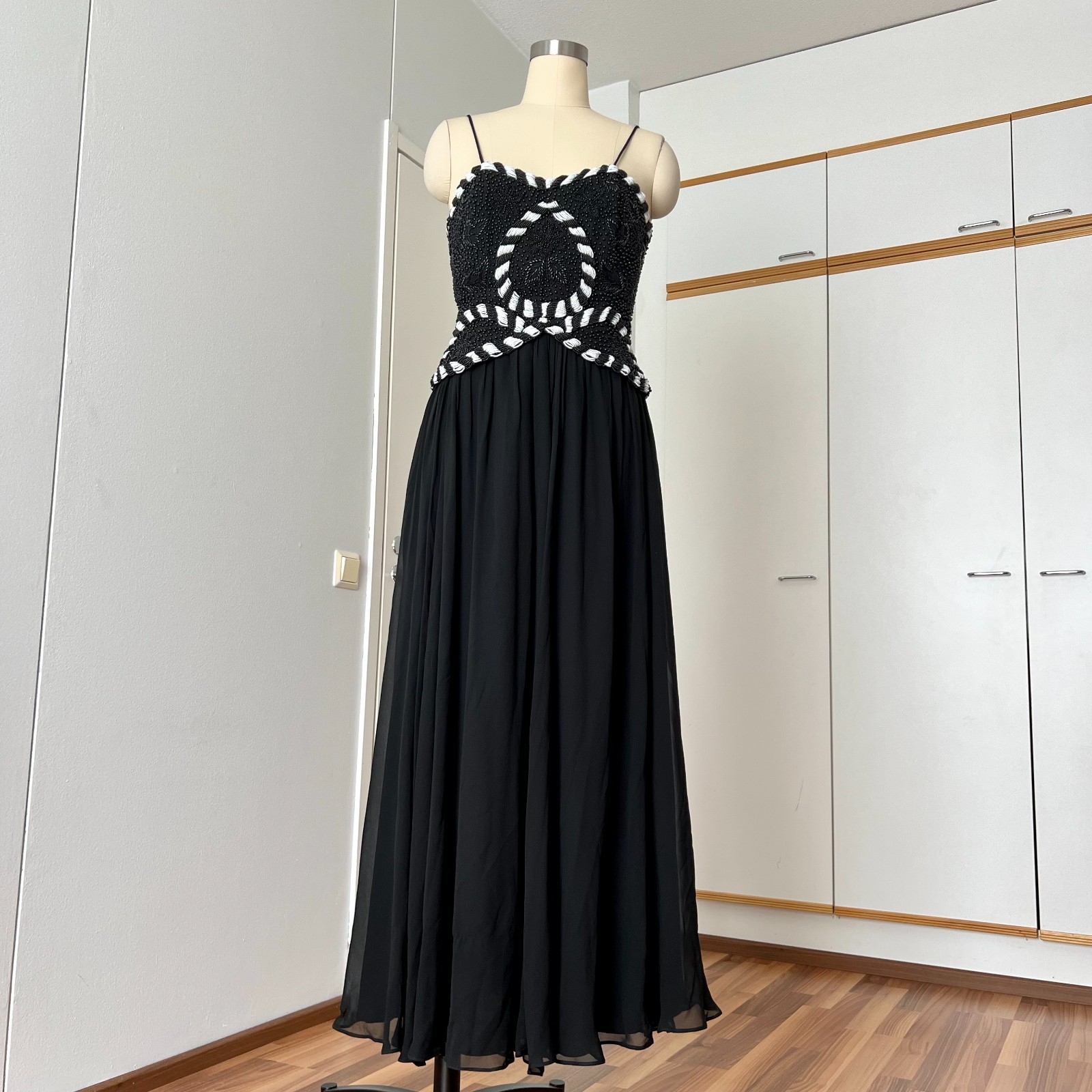 70/80s Vintage Black Beaded Floor Length Party Dress Spaghetti Straps Aline Maxi