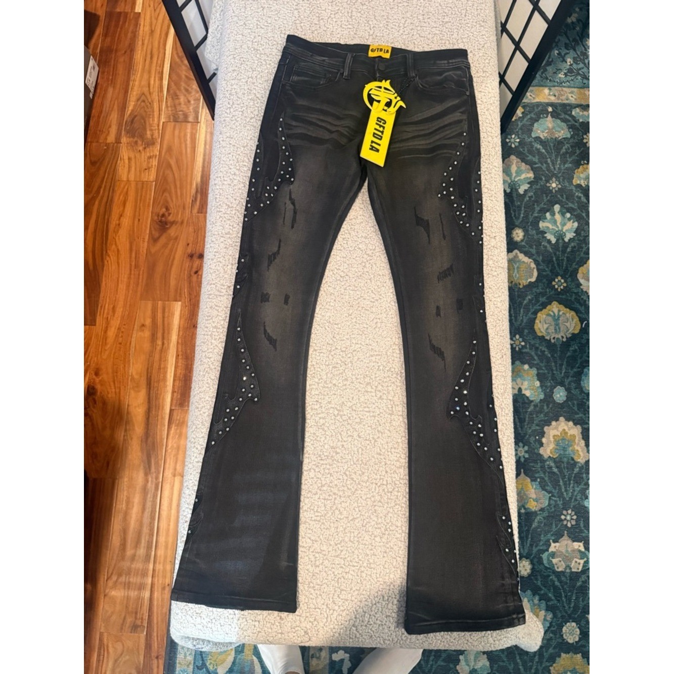 GFTD LA Black Rhinestone Flame Jeans Sz 30 Y2K Bootcut Stretch Denim NWOT