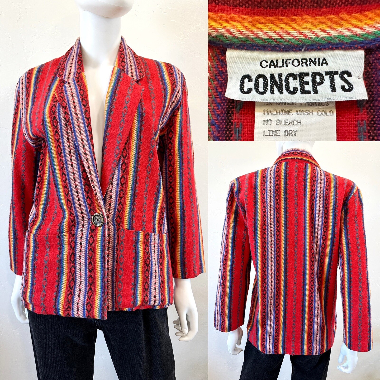 VTG CALIFORNIA CONCEPTS RAINBOW STRIPE AZTEC SOUTHWESTERN BLAZER JACKET SIZE S