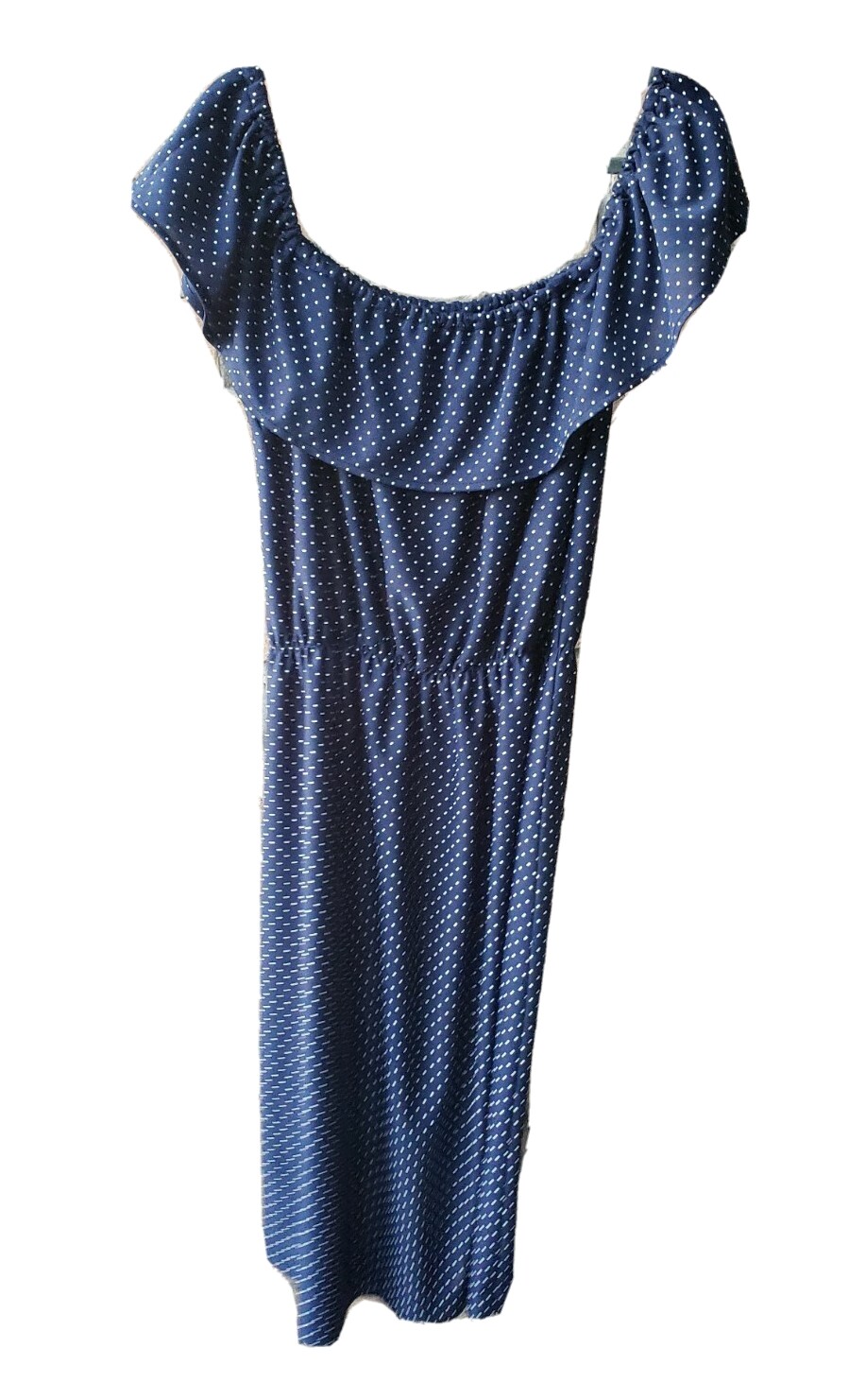 VTG 70s Blue Polka Dot Off Shoulder Ruffle Sundress Sz M? 40&Prime;-46&Prime;B 24&Prime;-44&Prime;W