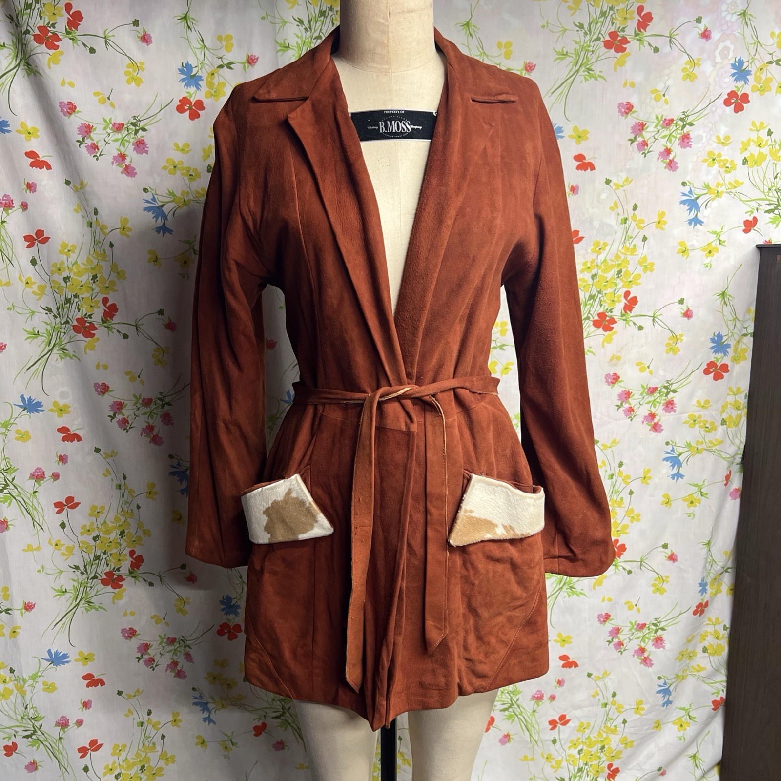 Vintage Pioneer Wear Cow Hide Leather Jacket Burnt Sienna Orange Waist Tie XS S