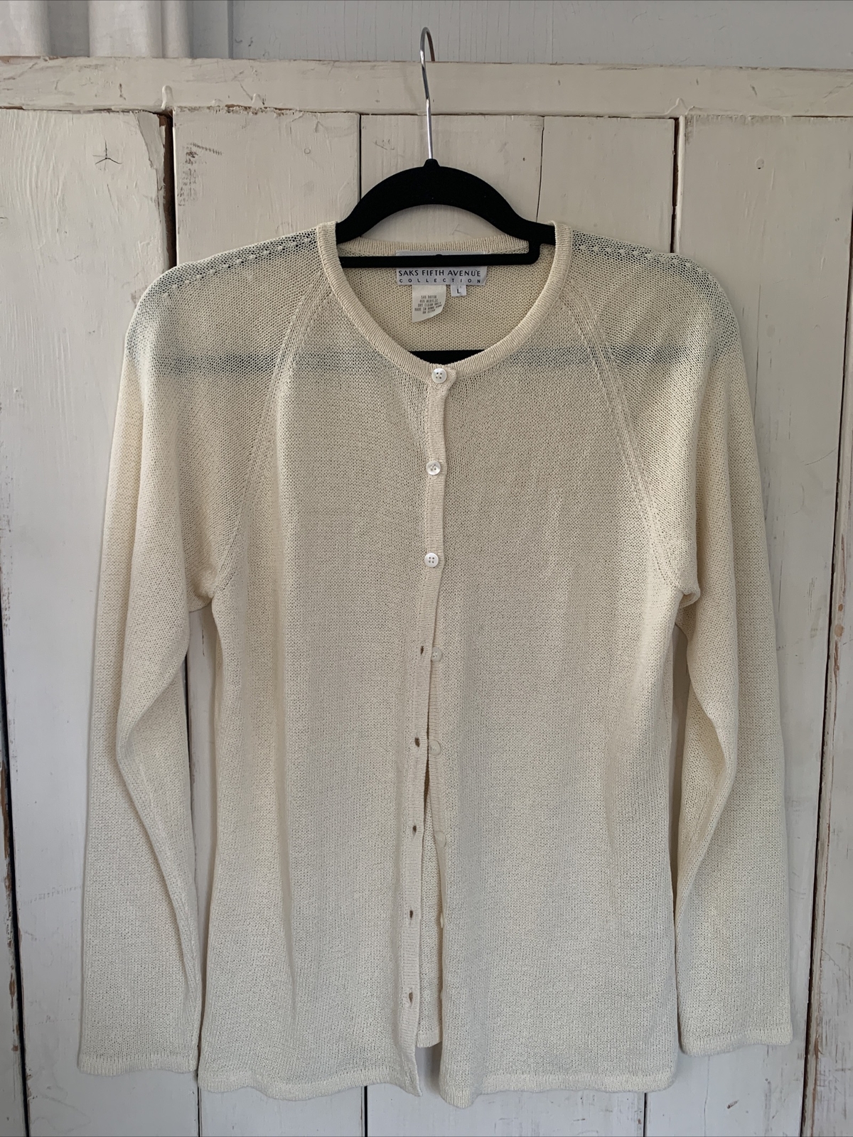 Saks Fifth Avenue Vintage 80s Cardigan Button Up Cream Off White Sweater Size L