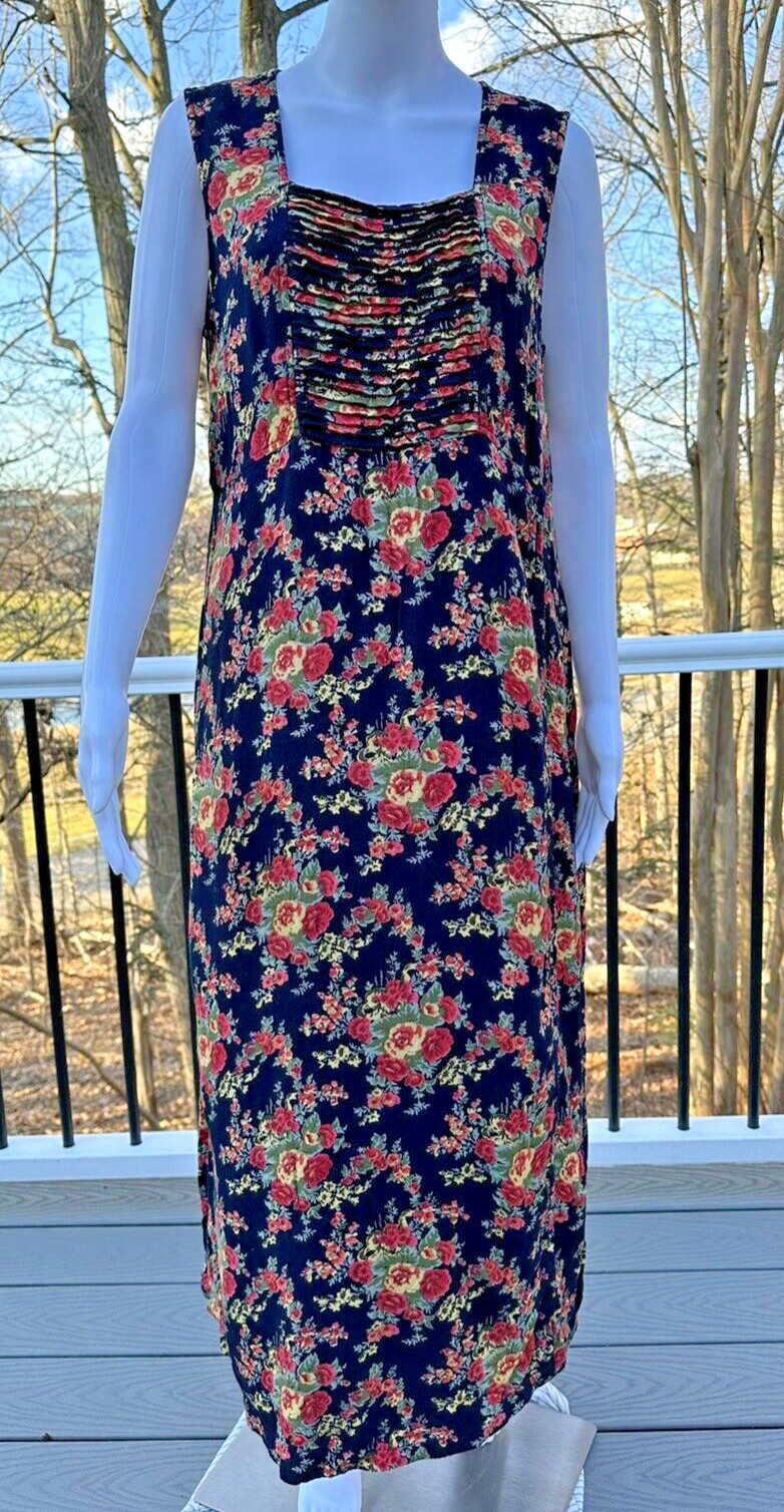 April Cornell Sz S Sleeveless Maxi Floral Dress Navy Side Slit Back Buttons
