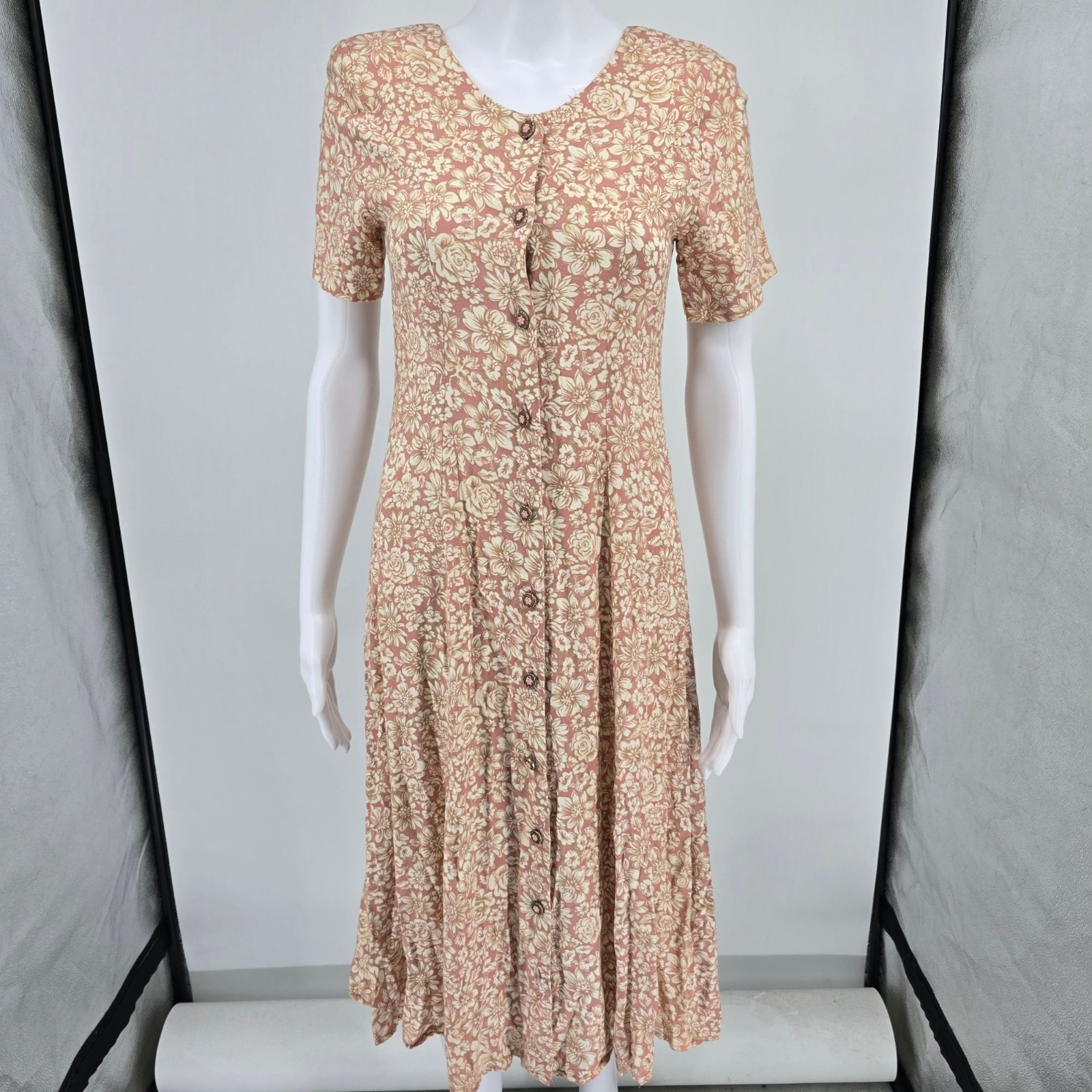 Vintage 1990s Rampage Pink Floral Rayon Button-Front A-Line Midi Dress (S)