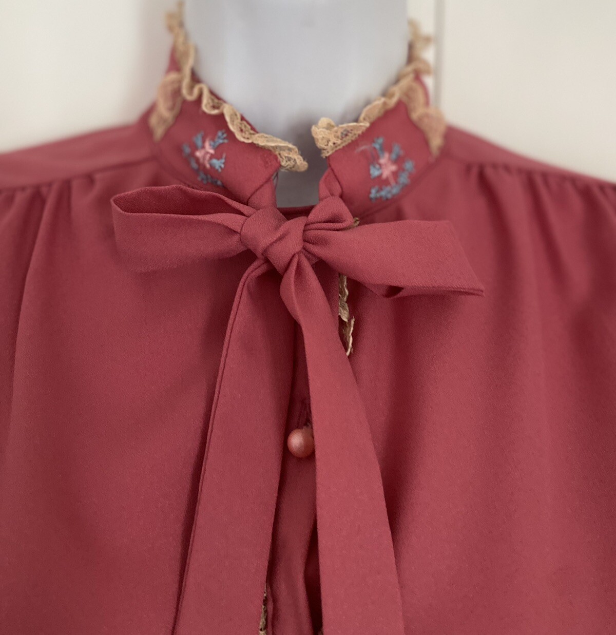 Vintage Top Blouse Pearlette Prairie Cottagecore Sleeve Mauve Pink Tie Small