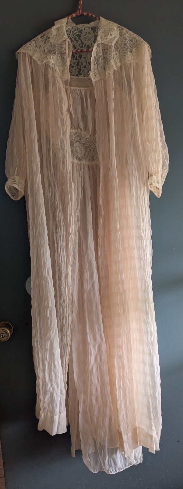 1930s Floor Length Nightgown Sheer Lingerie 2-Piece Pale Peach Size Small