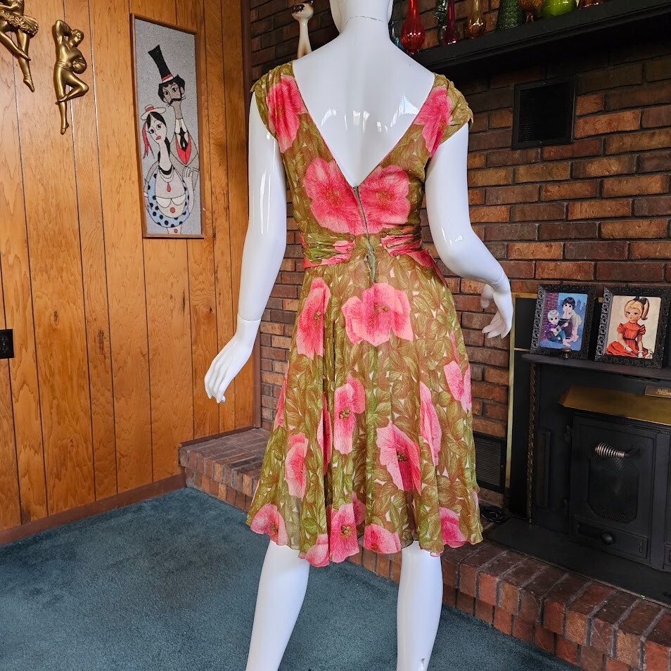 Vtg 40s Chiffon Pink & Green Impressionist Floral Full Swing Skirt w/ Bolero M