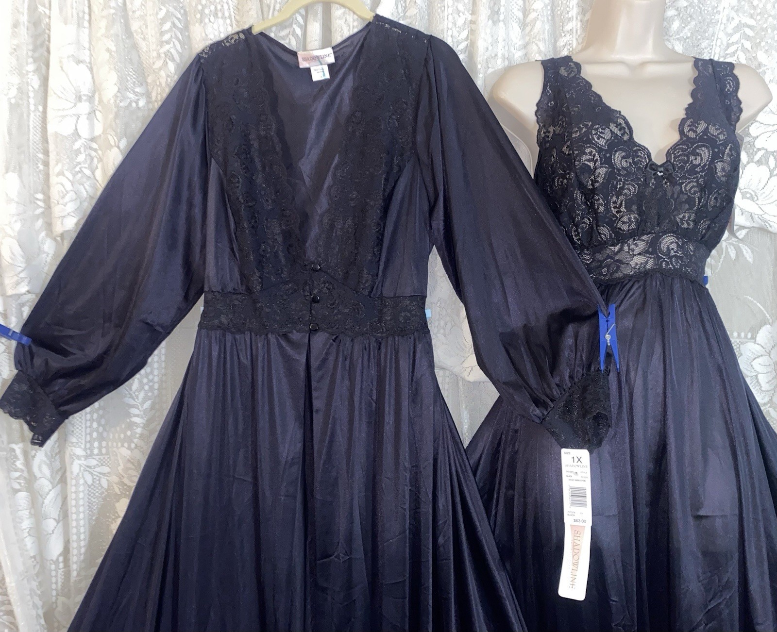 VTG NWT 1X Shadowline Black SILKY Nylon Peignoir Robe Nightgown Gown olga esque