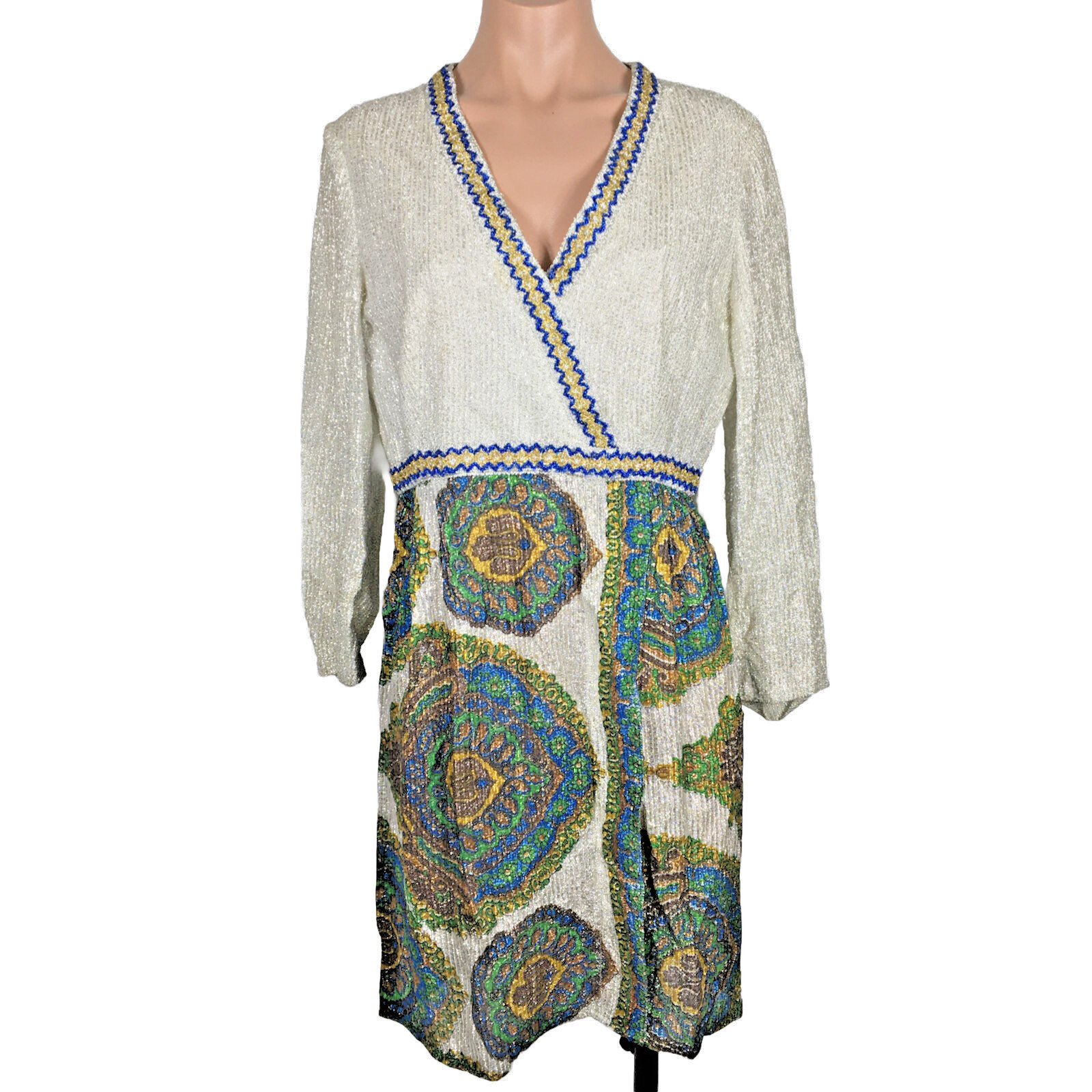 VTG 60s 70s « L&rsquo;AIGLON » Lame Metallic GoGo MOD Empire Waist Pasiley Dress Sz 16