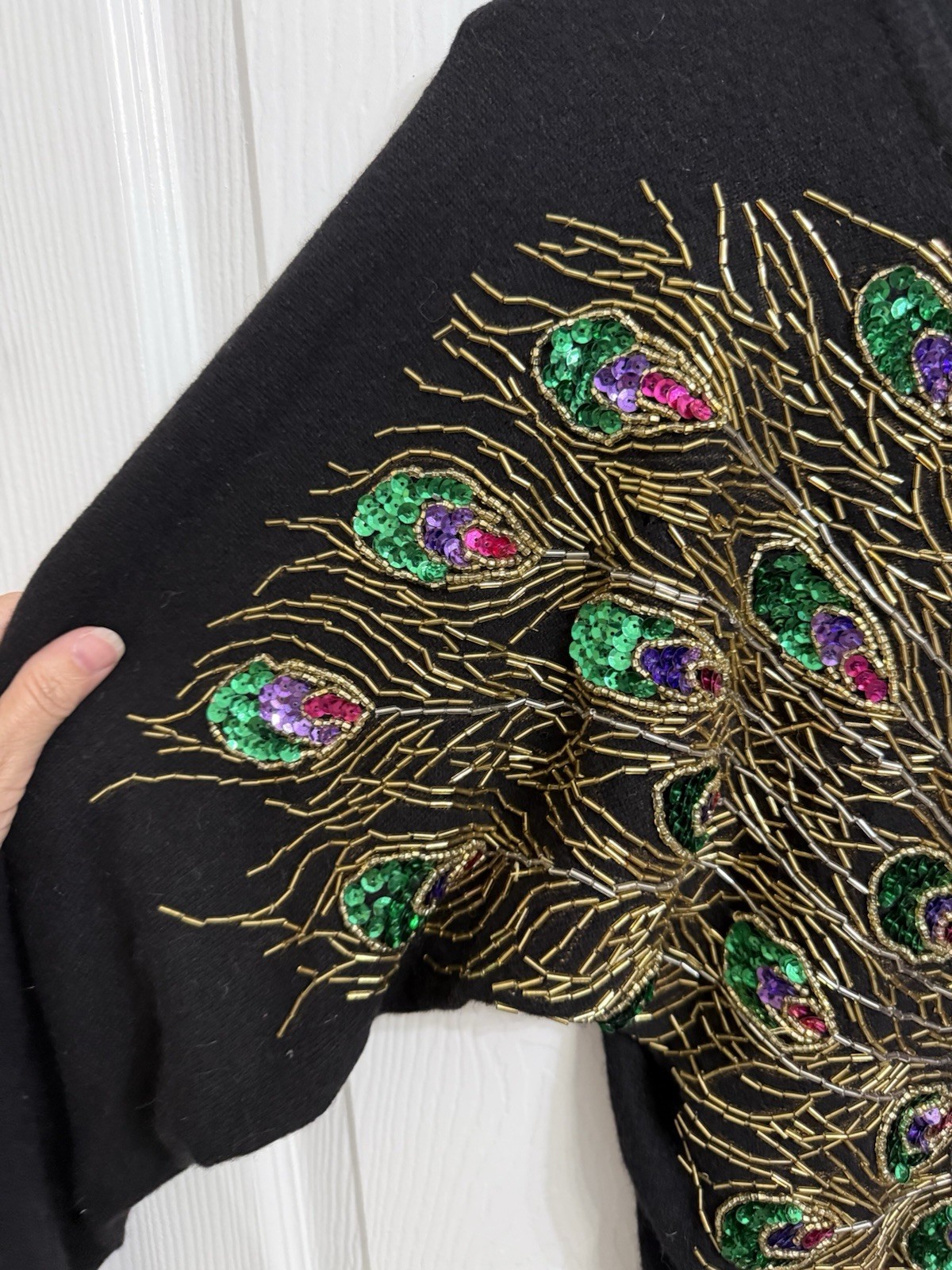 Vintage Angora Lambswool Peacock Beaded Sweater Black Sequin Hong Kong S